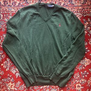Polo Ralph Lauren Sweater Mens Green Large V-Neck Merino Wool Pullover Pony